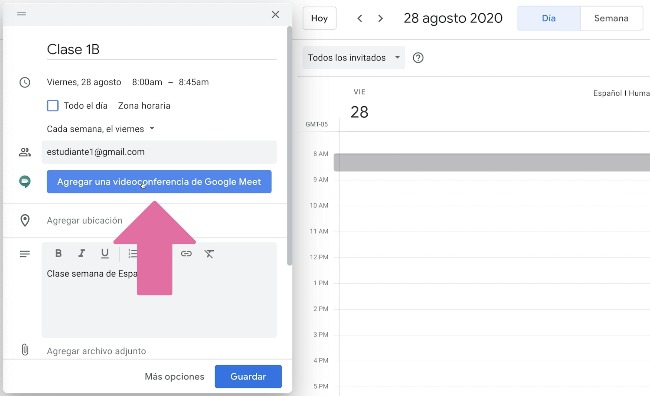 Hacer clic en botón videoconferencia de Google Meet para integrar esta tecnología a tu reunión de Google Classroom.